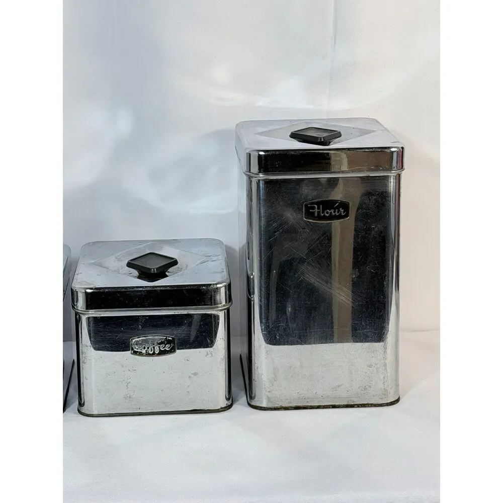 Signature MCM Chrome Kitchen Canister Set Flour Sugar Coffee Tea Mod Prop READ